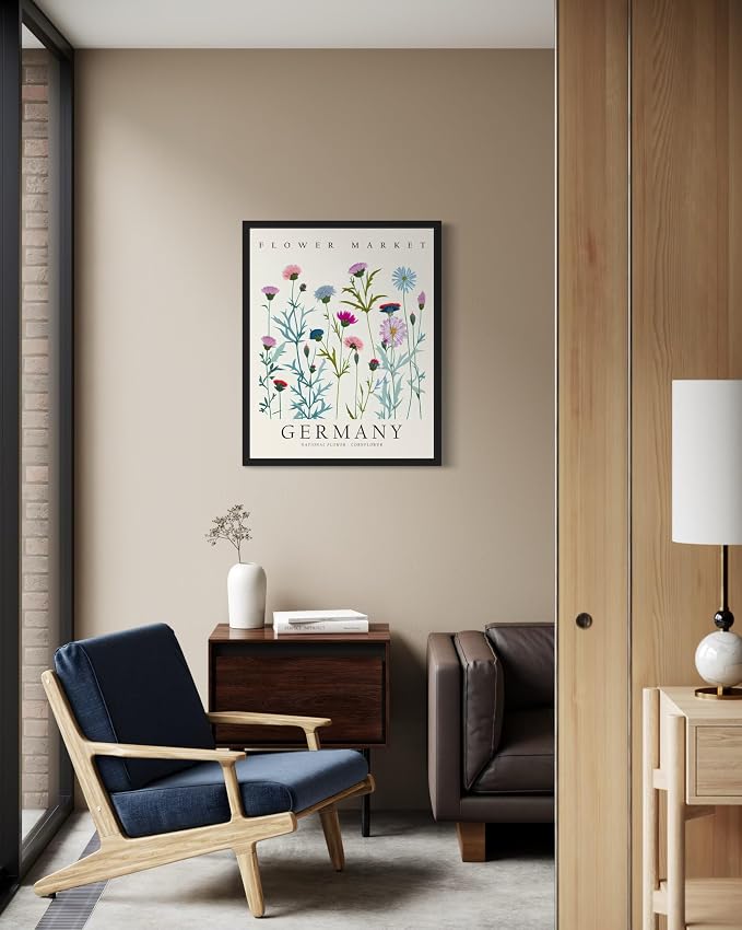 Germany, Cornflower Art Print Poster, Flower Market Wall Art, Floral Artwork Decor for Bedroom, Kitchen, Bathroom, Livingroom Decoration 52 (Germany, Cornflower, 14" L x 11" W, Black Frame)