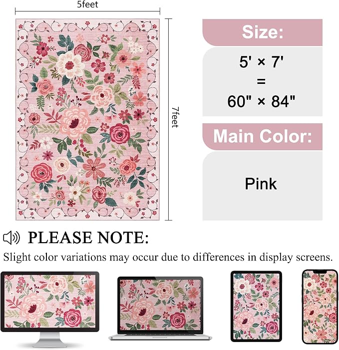 DUKINO 5x7 Area Rugs, Floral Washable Rug for Living Room Non Slip, Pink | Soft, Low Pile, Stain Resistant Indoor Rug for Bedroom, Dining Room, Office, Pet Friendly, Lightweight, Modern Home Decor