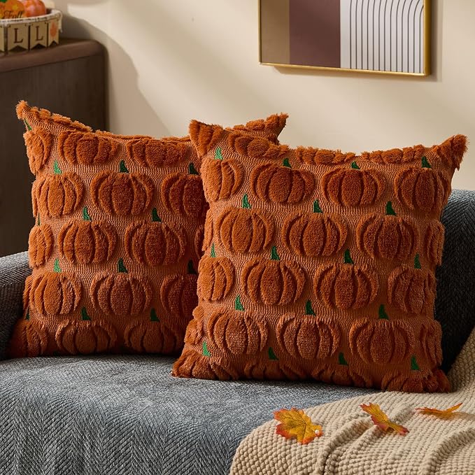 DFXSZ Fall Pillow Covers 18x18 2Pcs Rust Green Pumpkin Fall Decorations | Fall decor Set of 2 Throw Pillow Cases Soft Plush Faux Fur Wool Couch Cushion for Chair Sofa Bedroom Living Room Home Decor