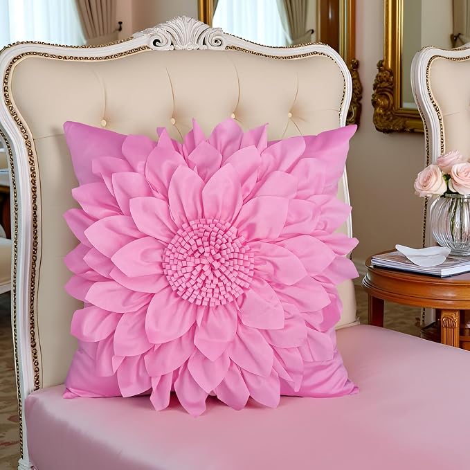 Hot Pink Accent 3D Flower Decorative Throw Pillow Covers for Bed Sofa Couch | Bella's Giftshop Handmade Sunflower Taffeta Pillow Cases Living Room Bedroom Decor, 18x18 Inch