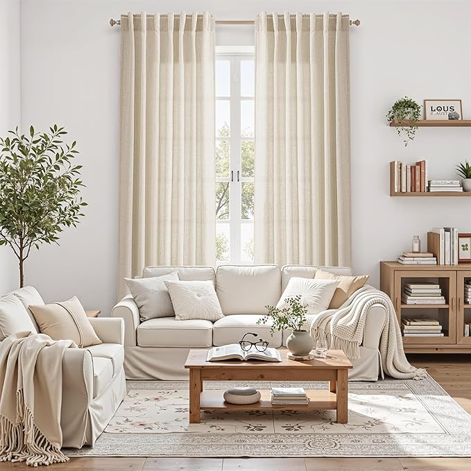 Nanspring Living Room Curtains 63 Inch Length Linen Cream Beige Luxury Light Filtering Semi Sheer Curtain Back Tab Modern Farmhouse Decor Elegant Coastal Drapes for Bedroom Office 52x63, 2 Panels