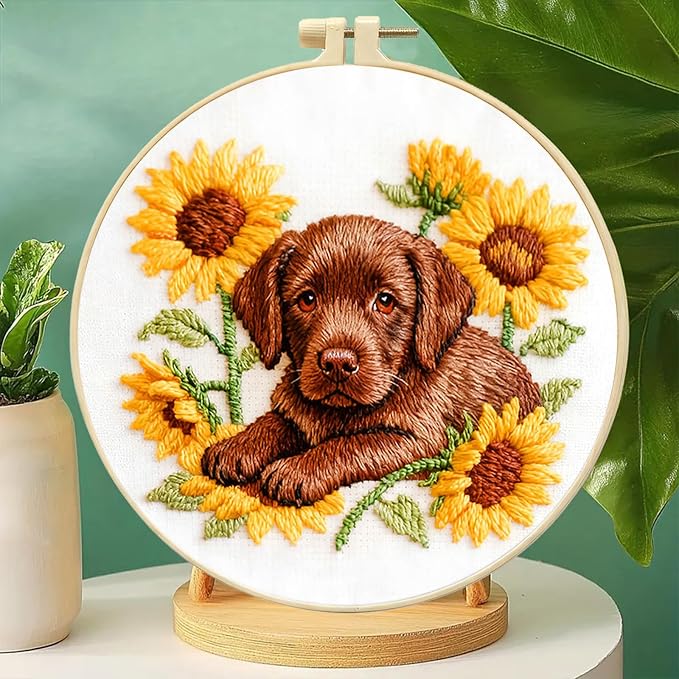 Embroidery Kit for Beginners Adults Labrador 11.4 * 11.4inch Stamped Cross Stitch Kits Needlepoint Starter Set with Embroidery Hoop, Color Threads, Needles and Instructions, Stitches Kit