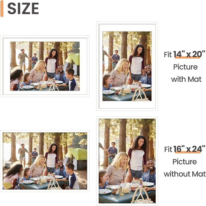 upsimples 16x24 Picture Frame, Display Pictures 14x20 with Mat or 16 x 24 Without, Wall Hanging Poster Frames, White, 1 Pack