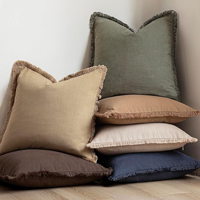 Foindtower Set of 2 Decorative Linen Fringe Throw Pillow Covers Boho Farmhouse Cushion Cover with Tassels Soft Accent Pillowcase for Couch Sofa Bed Living Room Home Decor,24×24 Inch,Reddish Brown