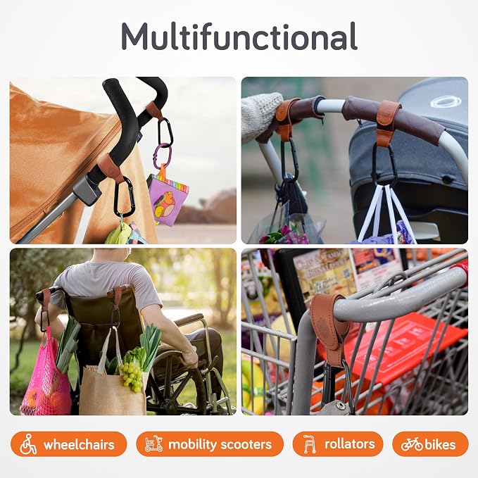 Baby Uma Stroller Hooks for Bags (2 Pack) - Leather-Style Stroller Clips and Hooks, Non-Slip Stroller Accessories, Carry 11 lbs Per Stroller Hook, Universal Baby Essentials & Stroller Accessories