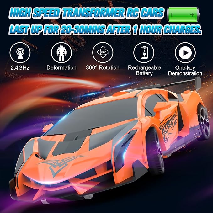 BLUEJAY Transform Rc Cars for Boys 4-7 8-12, 2.4Ghz 1:18 Scale Remote Control Car Transforming Robot, One-Button Deformation 360° Rotation and Drift Car Toy Gifts for Boys 3-5 (Orange)