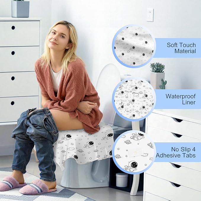 Disposable Toilet Seat Covers (Space Theme)-Extra Large 24.5x25.5in,Safe & Waterproof,4 Adhesive Strips-Fits Kids,Adults,Travel,Public Restroom Airplane,Toddler Potty Training,Indiv Wrapped