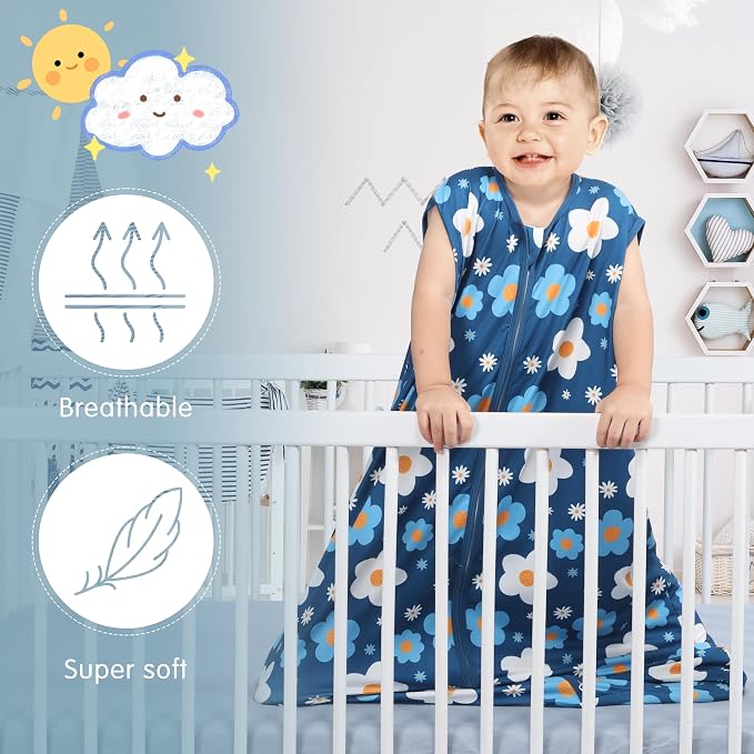 BSTOPPT 3 Pack Baby Sleep Sack 100% Rayon Cotton Baby Sleeping Bag 2-Way Zipper Toddler Wearable Blankets TOG 0.3. (Gerbera&Tulips&Pink, 12-18 Months)