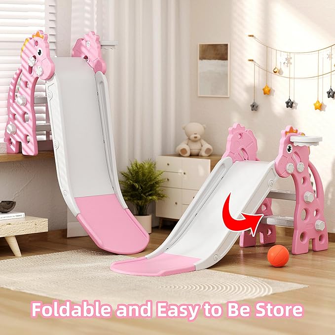 67i 3 in 1 Toddler Slide - 46.8 Inch Long Slide, 10-Min Easy Assembly, Foldable Anti-Tip Stable, Small Indoor Mini Slide for Toddlers 1-3, Baby Inside Slide Resbaladilla Indoor Outdoor Gift (Pink)