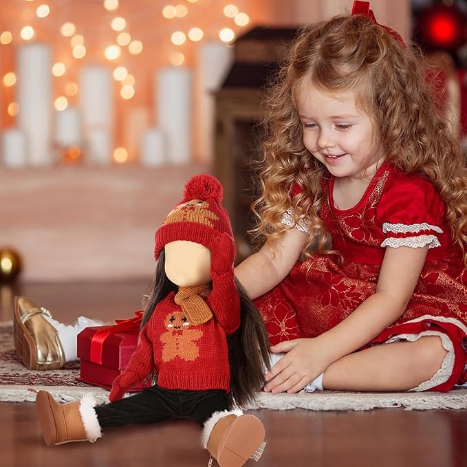 6 Pcs Christmas 18 Inch Doll Clothes and Accessories Winter Outfits Set Sweaters Trousers Hats Shoes for 18 Inch Doll Gift(Red,Gingerbread)
