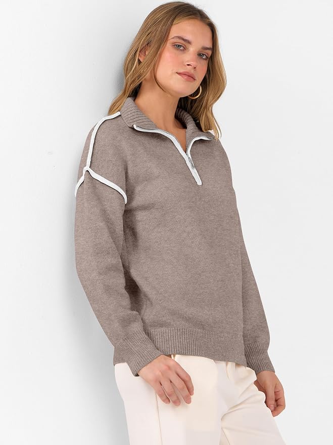 ANRABESS Womens Quarter Zip Sweaters Fall Long Sleeve V Neck Shirts Collared Business Casual Tops Knit Pullover Sweatshirts