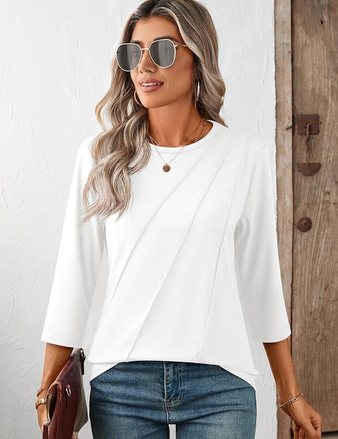LOMON 3/4 Length Sleeve Womens Tops Spring Summer Fashion 2026 Tops Crew Neck Pleated Shirts Tunic Top Loose Fit