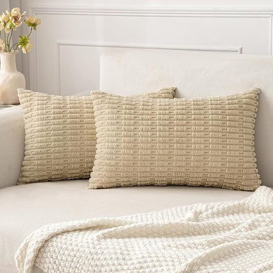 MIULEE Lumbar Corduroy Decorative Throw Pillow Covers 12x20 Tan Pack of 2 | Soft Neutral Boho Striped Pillow Covers Modern Farmhouse Home Decor For Sofa Living Room Couch Bed