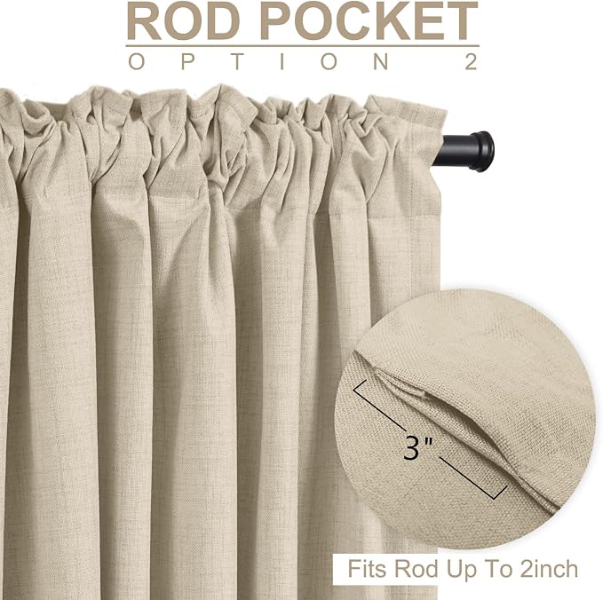100% Blackout Shield Linen Blackout Curtains for Bedroom 108 Inches Long, Back Tab/Rod Pocket Living Room Drapes, Thermal Insulated Blackout Curtains 2 Panels Set, 50" W x 108" L, NaturalFlax