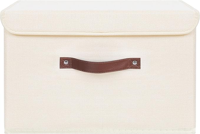 ANMINY Fabric Storage Box Bins with Lids, Beige, 15"x10"x10", 4 Pack | Keepsake Memory Storage, Cotton Linen, PP Board Reinforced, Washable, PU Handles, Foldable & Stackable, Decorative, Large