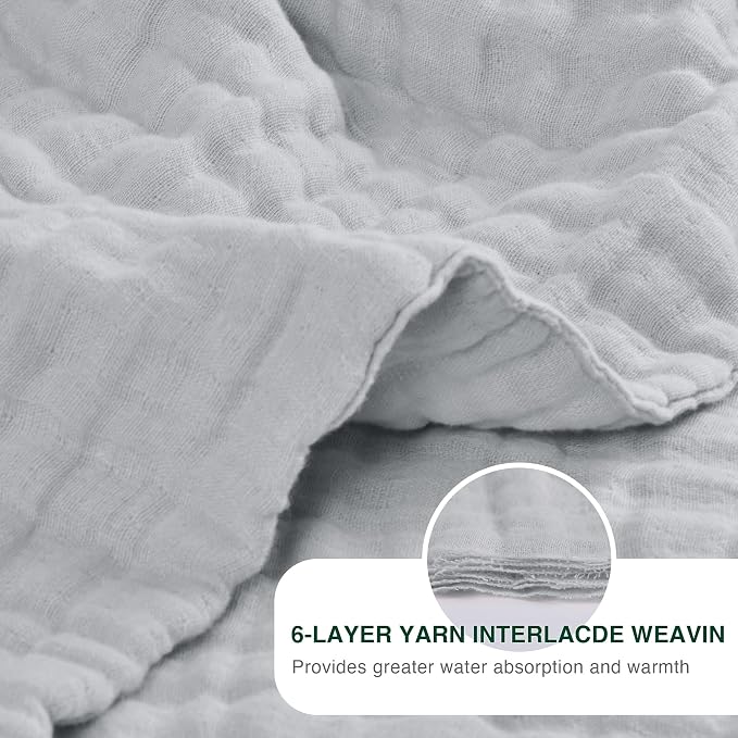 Love's cabin 100% Cotton Muslin Blanket, 6 Layer Lightweight Breathable Gauze Queen Size Blanket 90 x 90 Inches, Soft All Season Blanket for Bed, Light Grey