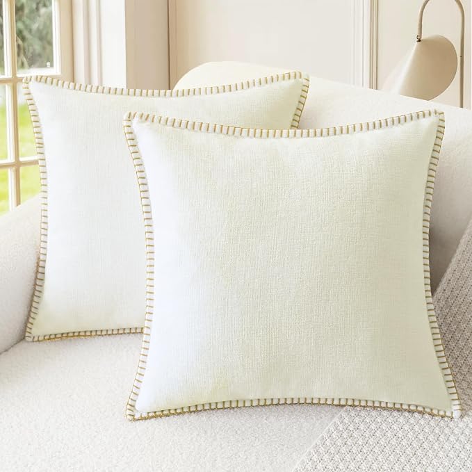 CaliTime Decorative Couch Throw Pillow Covers 24 X 24 Inches Cream | Pack of 2, Cozy Chenille Cushion Cases, Cotton Thread Stitching Edges, for Sofa Bed Living Room Farmhouse
