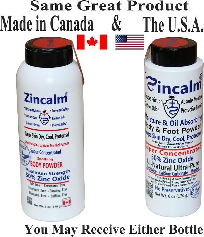 Zincalm All-Natural Body & Foot Powder, Concentrated 50% Zinc, Cornstarch-Free Moisture/Odor Absorbing Anti-Chafing/Friction, Itch Relief Formula for Dry/Cool Skin with Ultra-Pure Calcium & Menthol