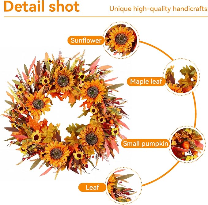 22" Fall Wreath Front Door Sunflower Artificial Wall Decor Farmhouse Autumn Wreath Thanksgiving Home Porch Outdoor Indoor Holiday Harvest Decor