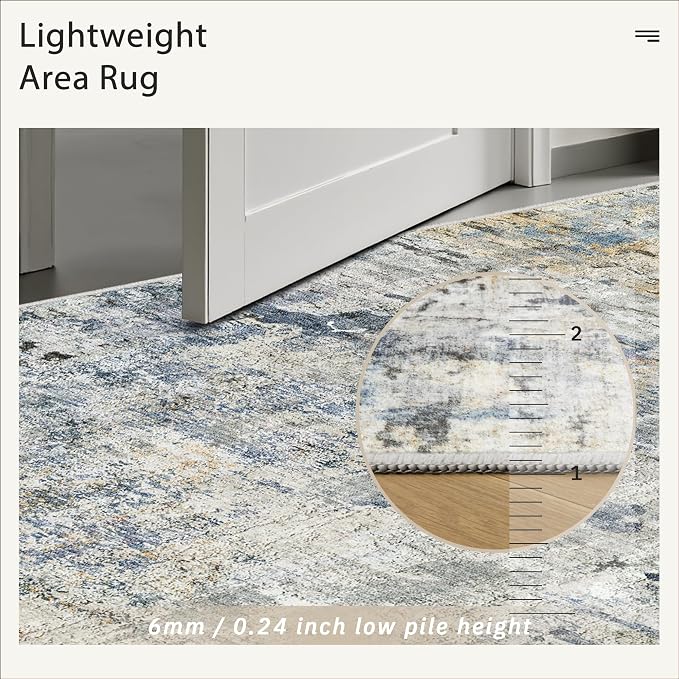 Soalmost Abstract Area Rug 6x9 for Living Room Washable Rugs Blue/Yellow | Non-Slip Low-Pile Carpet for Dining Bedroom, Foldable Thin Vintage Stain Resistant Floor Mat Under Table Home Office Nursery