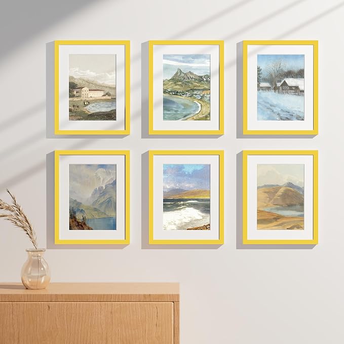 Vittanly 11x14 Picture Frames Set of 9 for Wall Mounting, Yellow | Display Pictures 8x10 with Mat or 11x14 without Mat, Engineered Wood with Shatter Resistant Plexiglass, Gallery Photo Frames
