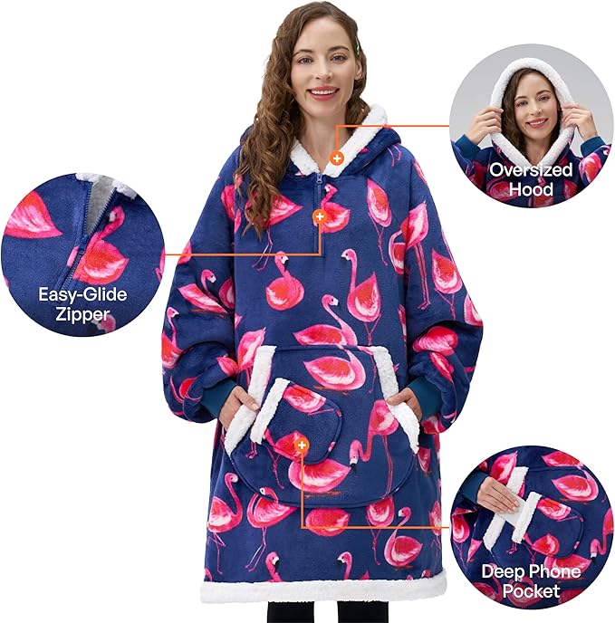 Giggling Getup Wearable Blanket Hoodie for Adults Gifts for Teen Girls Sister Women Sherpa Fleece Printed Hooded Blanket Sweatshirt Warm Cozy with Pocket & Sleeves Blue Flamingo