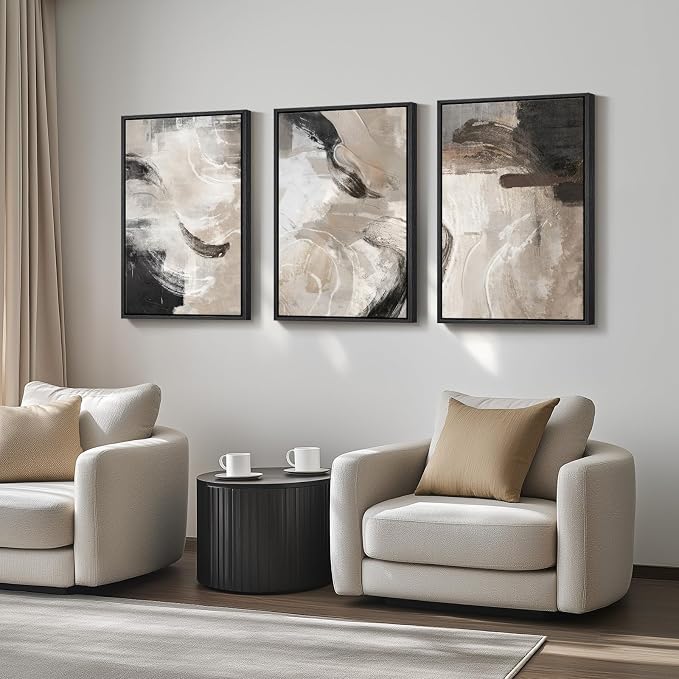 Large Framed Neutral Abstract Wall Art, 3 Piece Modern Minimalist Canvas Prints Paintings Artwork for Walls, Black Beige Brown Neutral Tone Pictures for Living Room Hallway Dining Wall Decor 20x30 In