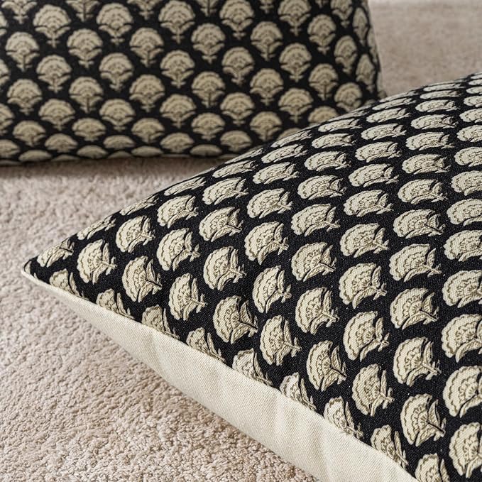 MIULEE Floral Print Decorative Pillow Covers 18x18, Black Gold | Vintage Boho Farmhouse Modern Home Decor, Set of 2, Block Print Cushion Covers for Couch Sofa Bed Living Room