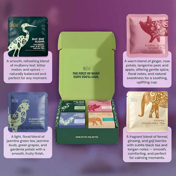 Tea Facto Herbal Tea Sampler Set Depuff Collection with Bitter Melon, Mulberry Leaf, Ginger, Pear & Green Grapes Jasmine - Fancy Tea Sampler Gift Set Box - Natural Fiber, Zero Added Sugar - 40 Count