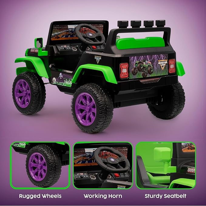 Monster Jam - 12V Kids Ride On Jeep with Rechargeable Battery, LED Headlights, Press-Button Start, Durable Wheels, Forward & Reverse Drive, Contoured Seat
