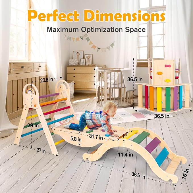 Montessori-Inspired Wooden Pikler Triangle, Space-Saving Indoor Jungle Gym with Convertible Ramp, Detachable Arch & Sturdy Ladder