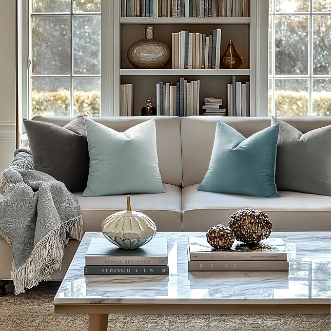MIULEE Velvet Throw Pillow Covers 20x20 Inch Pack of 2 Light Blue | Soft Solid Decorative Pillow Covers, Modern Luxury Home Decor, for Couch Chair Sofa Bedroom Livingroom