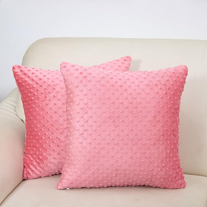Water Resistant Polyester Pillow Inserts with Plush Dot Cover | Pack of 2 Square Form Indoor Decorative Pillow, Bed and Couch Pillows, 18 x 18 Inches, StrawberryRed