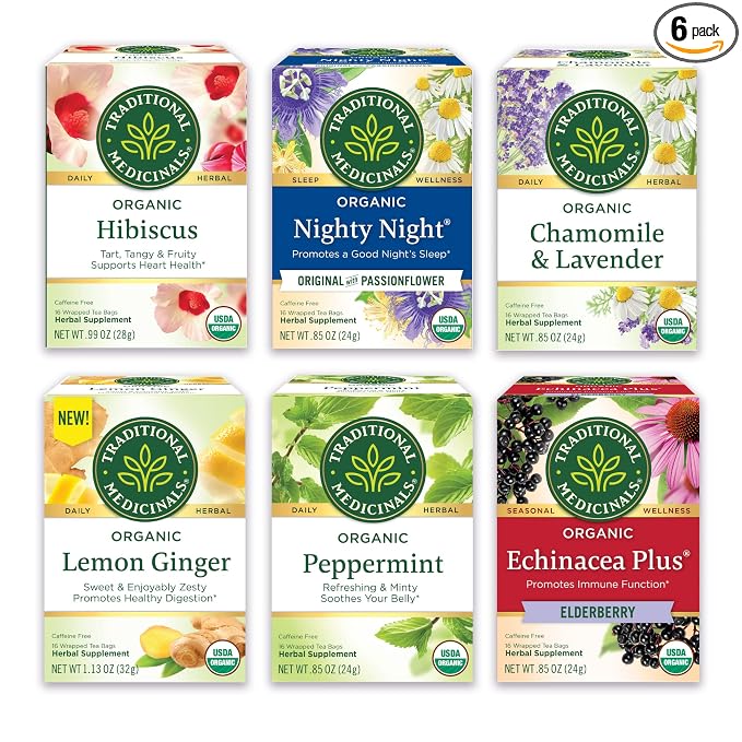 Traditional Medicinals Organic Herbal Tea - Six Calming Flavors, Chamomile, Hibiscus, Peppermint, Lemon Balm, Lemon Ginger & Passionflower, 96 Tea Bags (6 Pack)
