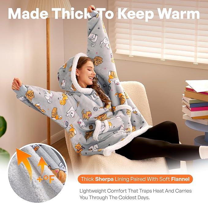 Giggling Getup Wearable Blanket Hoodie for Adults Gifts for Teen Girls Sister Women Sherpa Fleece Printed Hooded Blanket Sweatshirt Warm Cozy with Pocket & Sleeves Grey Cat