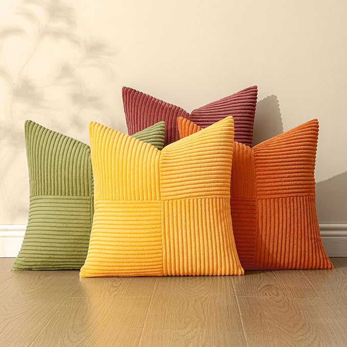 MIULEE Fall Yellow Orange Rust Throw Pillow Covers 18x18 Inch 4 Packs Boho Farmhouse Decorative Color-Clash Pillow Cases Soft Cushion Cases for Couch Sofa Bed Corduroy Striped Home Decor