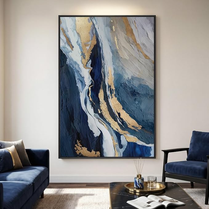 Extra Large Framed Navy Blue Abstract Wall Art for Living Room, Oversized Blue and Gold Vertical Canvas Prints Paintings Artwork for Walls, Modern Pictures Wall Decor for Bedroom Dining Room 40x60 In