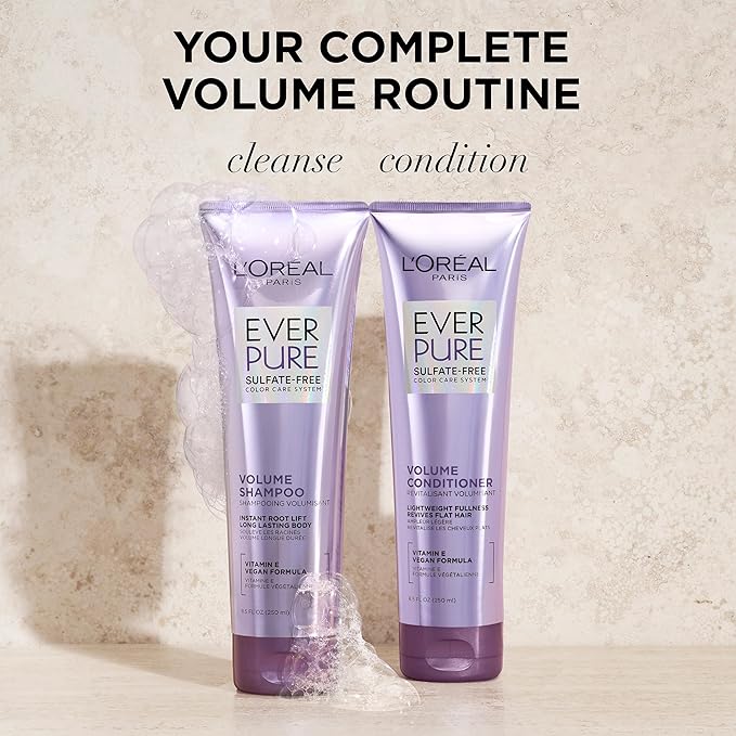 L'Oreal Paris Volume Sulfate Free Shampoo and Conditioner for Color-Treated Hair, EverPure, 8.5 Fl Oz (Set of 2)