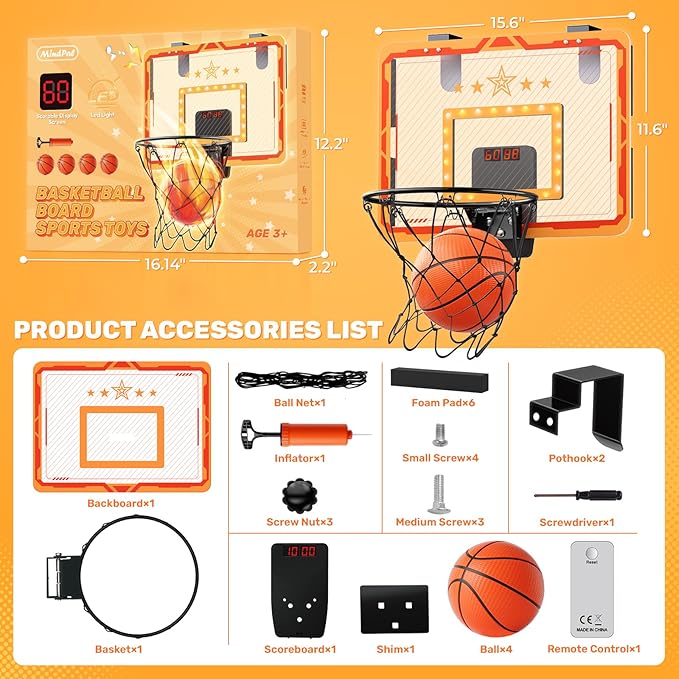 MindPal Indoor Basketball Hoop, for Boys 8-12, Led Light Mini Hoop with Electronic Scoreboard, Indoor Basketball Hoop for Kids, Boy Birthday Presents