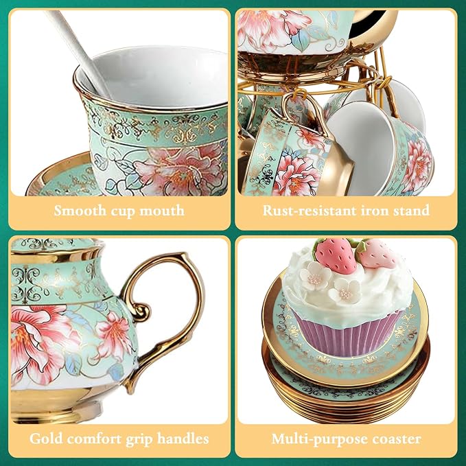 20 Pcs Porcelain Tea Set with Metal Holder, Adult Tea Set Gift, European Ceramic Tea Set for Adults, Enamel Flower Tea Cup Saucer Set for Party With Gold Flower Painting (Fresh Green)