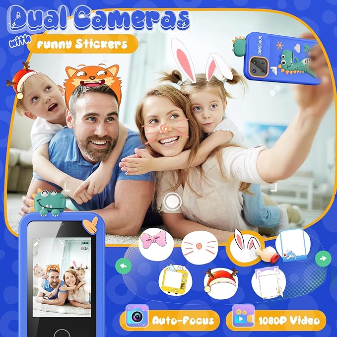 Luyiilo Kids Smart Phone Toys for Boys,Dinosaurs Gift Toys for Boys Ages 3-9 Christmas Birthday Gifts Mini Smart Phone Toys With 2.8" Touchscreen 16 Learning Games Dual Camera Music Player, 8G SD Card
