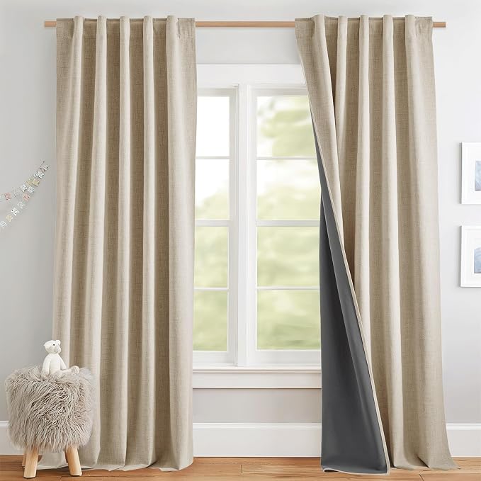 NICETOWN Beige Full Blackout Back Tab Linen Curtains 84" Long 2 Panels Set, Boho-Chic Thick Linen Blend Drapes, Insulated Window Cover Draperies with Grey Backing for Cottage Living Room (42" Wide)