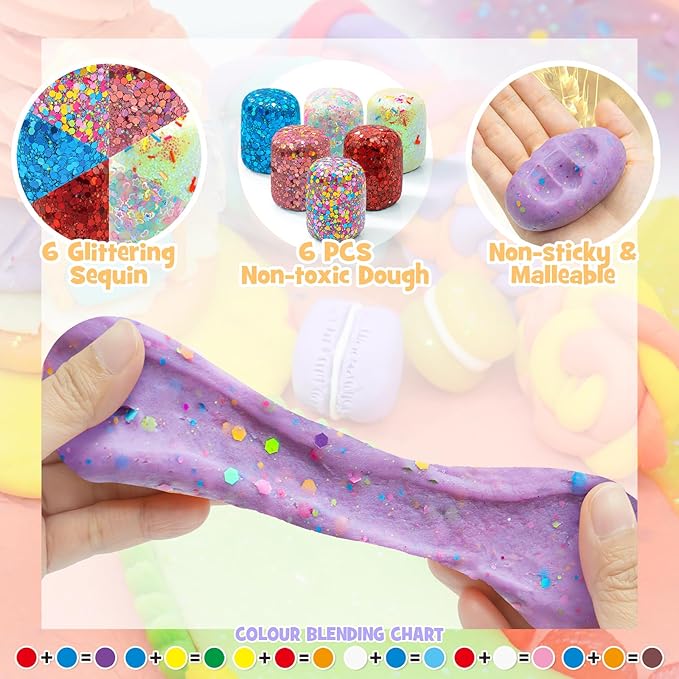SIMPLIPLAY Ice Cream Sensory Dough Kit, 6 PCS 18oz Glitter Doughs with Accessories(120 Pcs+), Soft Clay Ice Cream Toys with Cone, Mold, Fruit Pieces, Christmas Birthday Gift for Girls Age 3 4 5 6