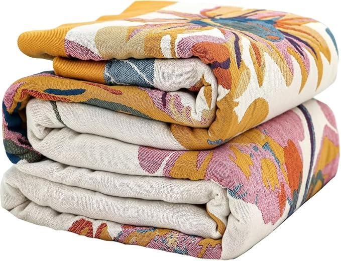 Boho Throw Blanket Farmhouse Decor Throw Blanket Bohemian Blanket for Bed 100% Cotton Muslin Woven Couch Blanket All Seasons Quilt Bedroom (D-Yellow, 60"x80")