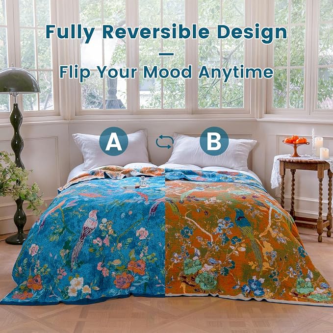 MSGKV Boho Throw Blanket 50"x60" 100% Cotton Floral Bird Throw for Couch | 100% Cotton Throw, Floral Bird Pattern, Reversible Woven, Breathable Lightweight, Farmhouse Decor, Machine Washable