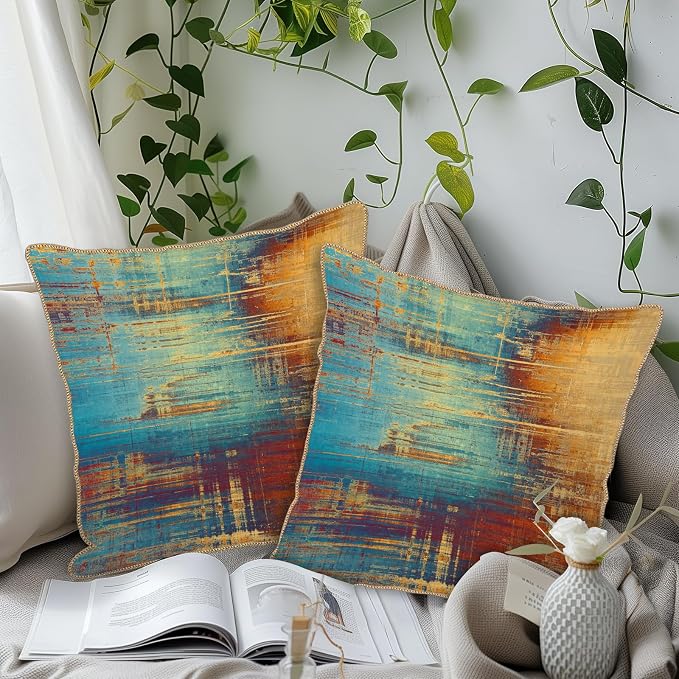 KSLIDS Vintage Abstract Soft Velvet Throw Pillow Covers Set of 2 Blue Orange Messy Rust Painting Decorative Pillow Covers 20x20 Inch Colorful Art Pillow Case for Sofa Couch Living Room Home Decor