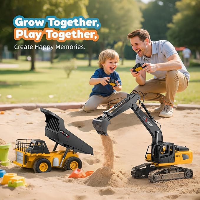 Ruko 1562 RC Excavator and Dump Truck Toy Set, 2.4GHz 9CH Remote Control Construction Vehicles with Lights & Sounds, Metal Bucket, 680° Rotation, Realistic 1:24 Scale Trucks for Kids