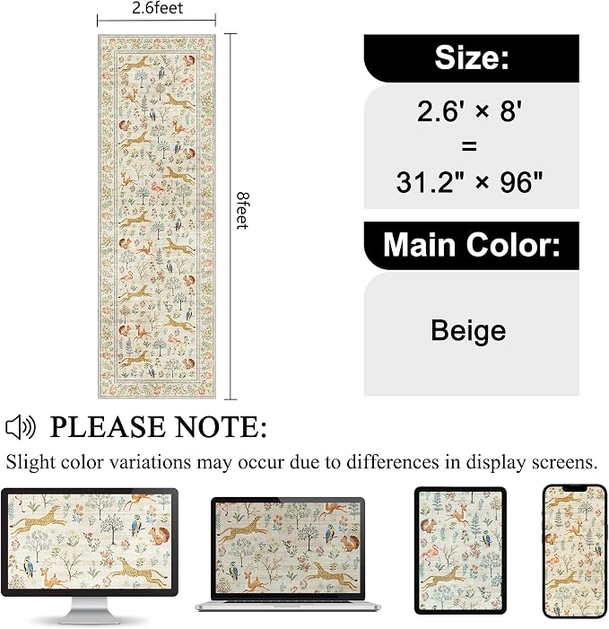 DUKINO 2.6x8 Rug for Hallway, Washable Kitchen Runner Rug Non Slip, Beige | Low Pile, Stain Resistant, Soft Animal Indoor Carpet Runner for Entryway, Bedroom, Bathroom, Laundry, Lightweight, Home Decor