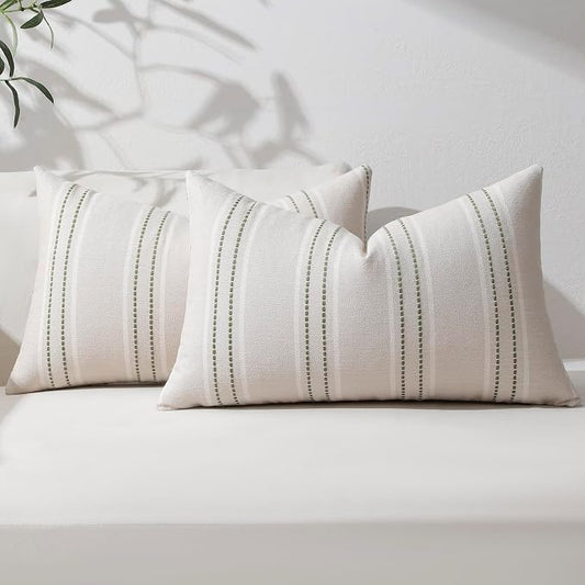 Hckot Stripe Throw Pillow Covers 12x24 Lumbar Sage Green Pillow Covers | Farmhouse Decorative Pillows Textured Linen Cushion Covers for Sofa Couch Bed Living Room Decor