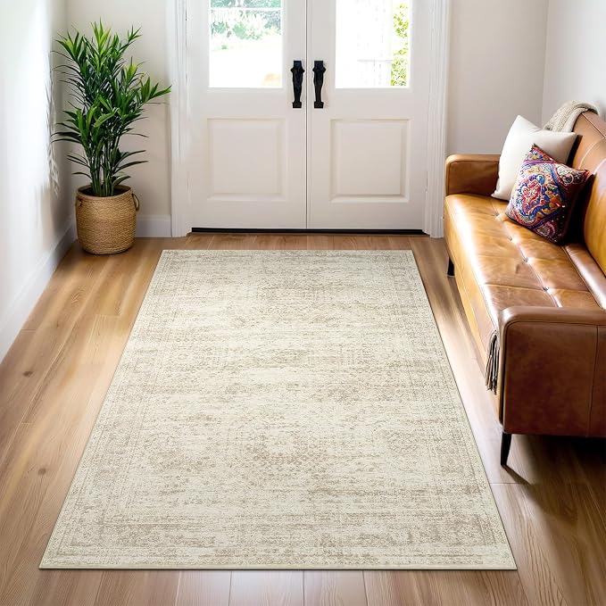 Soalmost 3x5 Rugs Non-Slip, Small Washable Kitchen Entryway Area Rug Beige | Vintage Low Pile Carpet for Nursery Coffee Table Bathroom, Foldable Stain Resistant Indoor Door Mat Entrance Powder Room